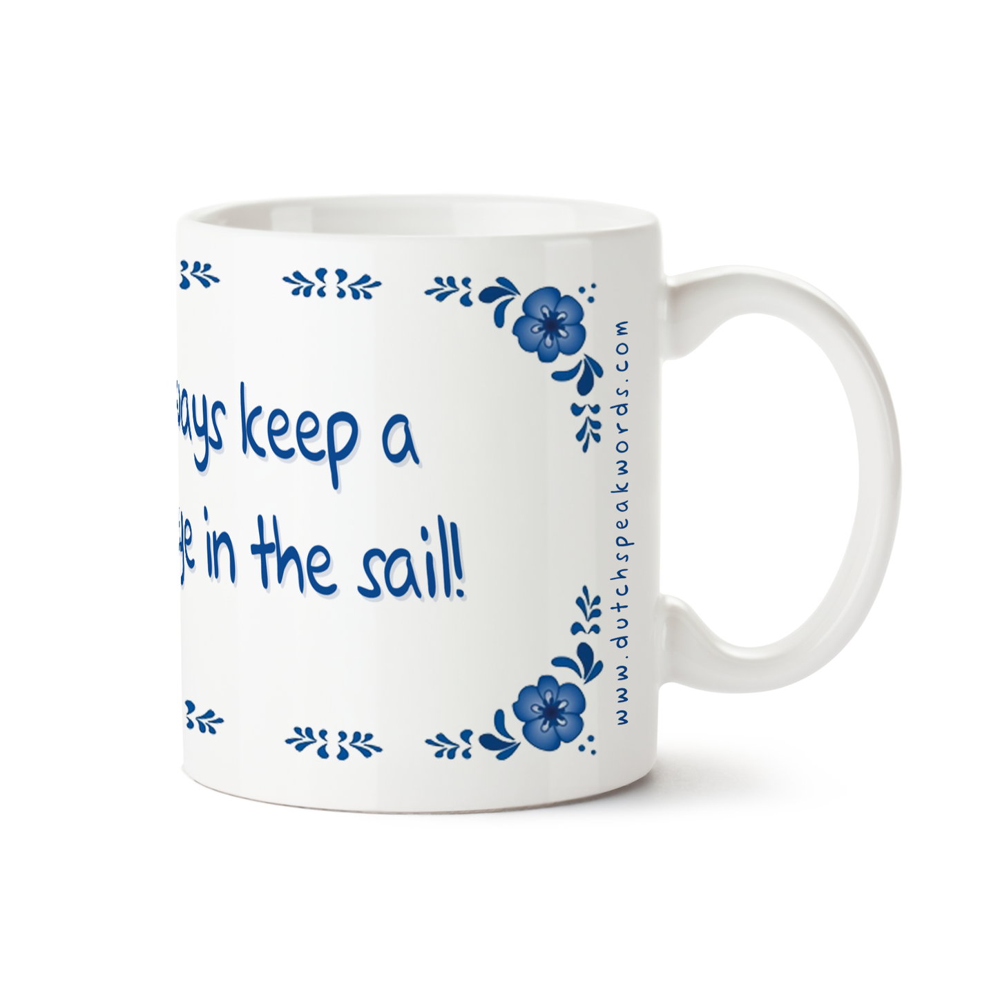 Zijaanzicht van Dutch Speakwords mok met Nederlands gezegde in Dunglish Steenkolenengels