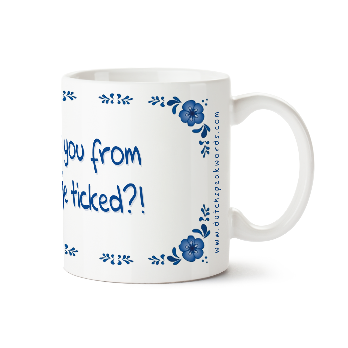 Zijaanzicht van Dutch Speakwords mok met Nederlands gezegde in Dunglish Steenkolenengels