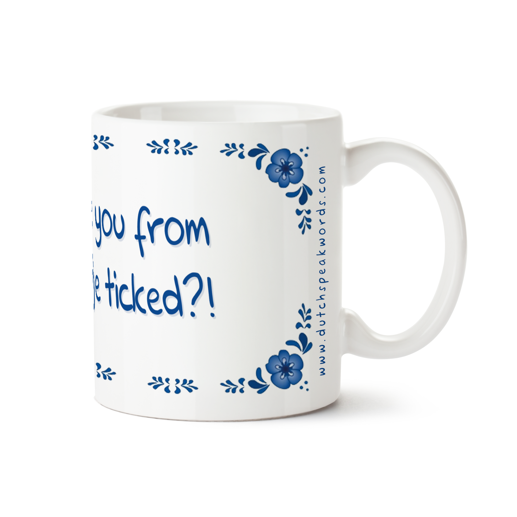 Zijaanzicht van Dutch Speakwords mok met Nederlands gezegde in Dunglish Steenkolenengels