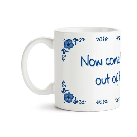 Zijaanzicht van Dutch Speakwords mok met Nederlands gezegde in Dunglish Steenkolenengels