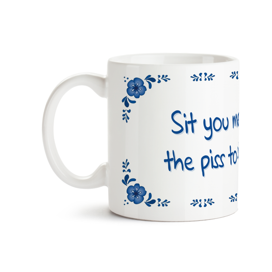 Zijaanzicht van Dutch Speakwords mok met Nederlands gezegde in Dunglish Steenkolenengels