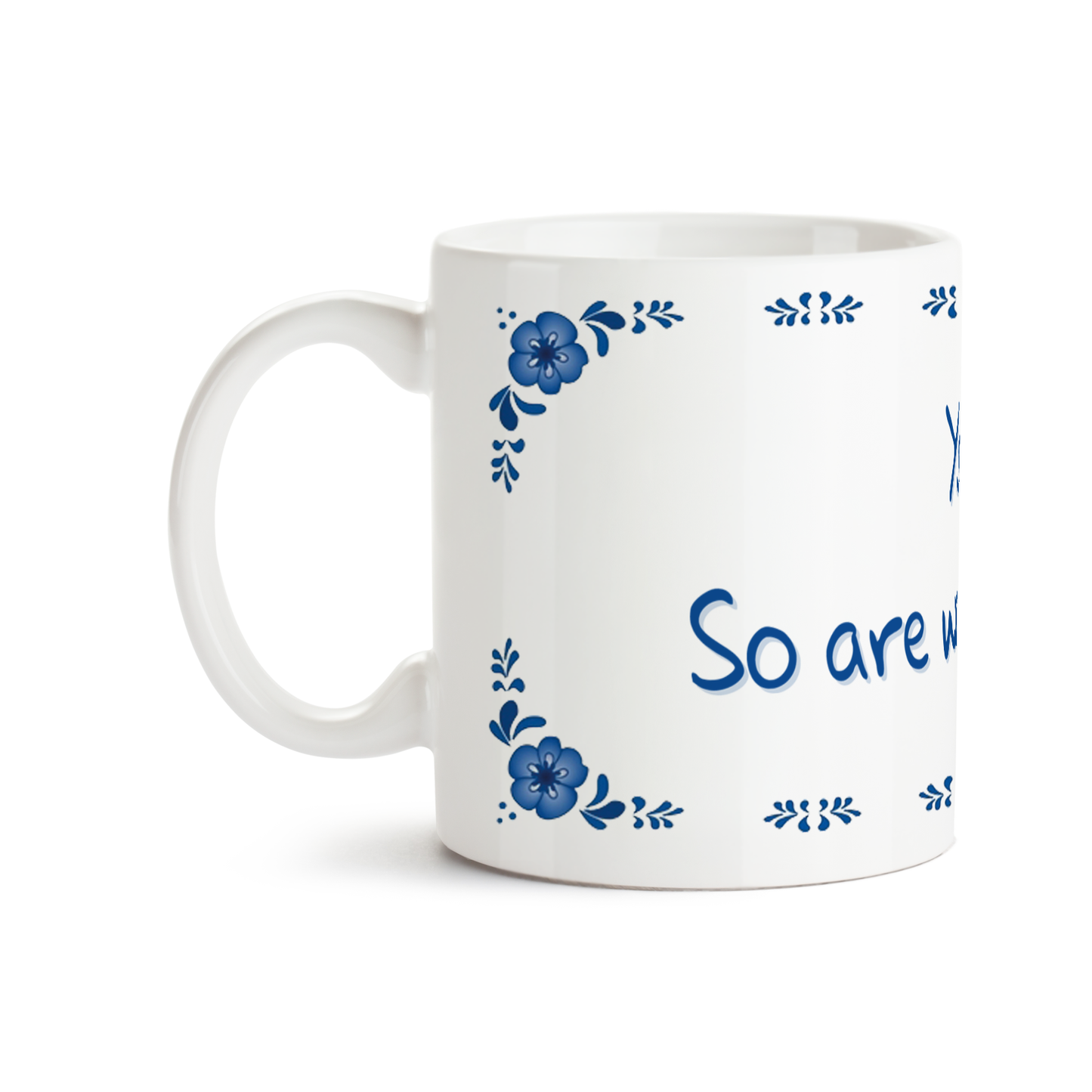 Zijaanzicht van Dutch Speakwords mok met Nederlands gezegde in Dunglish Steenkolenengels