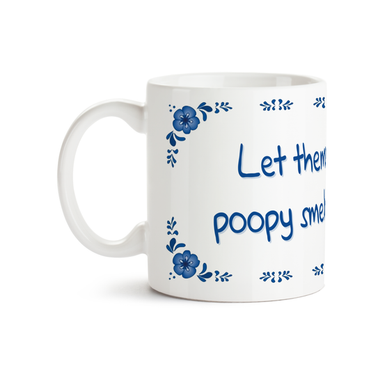 Zijaanzicht van Dutch Speakwords mok met Nederlands gezegde in Dunglish Steenkolenengels