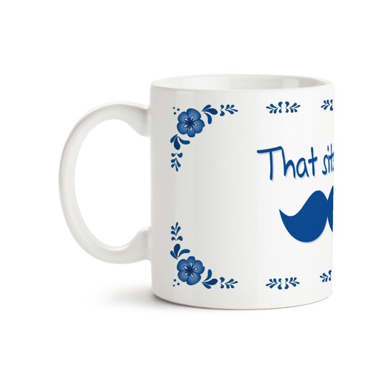 Zijaanzicht van Dutch Speakwords mok met Nederlands gezegde in Dunglish Steenkolenengels