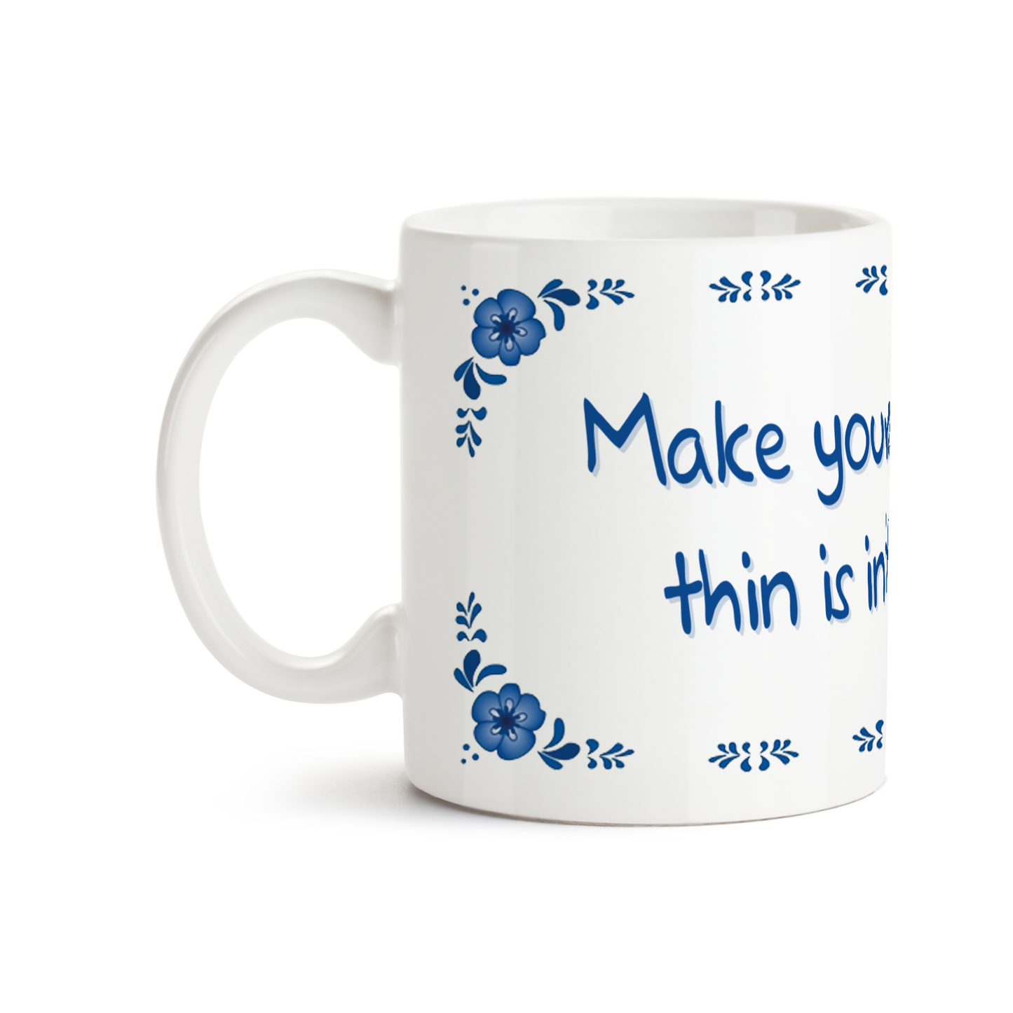 Zijaanzicht van Dutch Speakwords mok met Nederlands gezegde in Dunglish Steenkolenengels