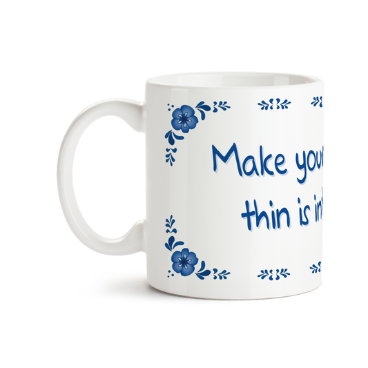 Zijaanzicht van Dutch Speakwords mok met Nederlands gezegde in Dunglish Steenkolenengels