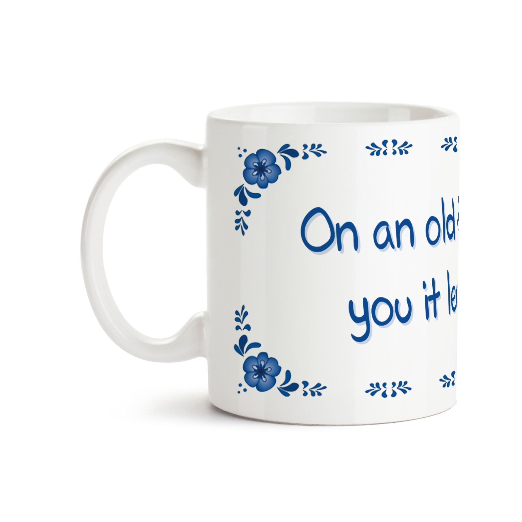 Zijaanzicht van Dutch Speakwords mok met Nederlands gezegde in Dunglish Steenkolenengels