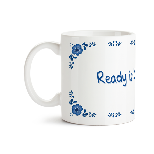 Zijaanzicht van Dutch Speakwords mok met Nederlands gezegde in Dunglish Steenkolenengels