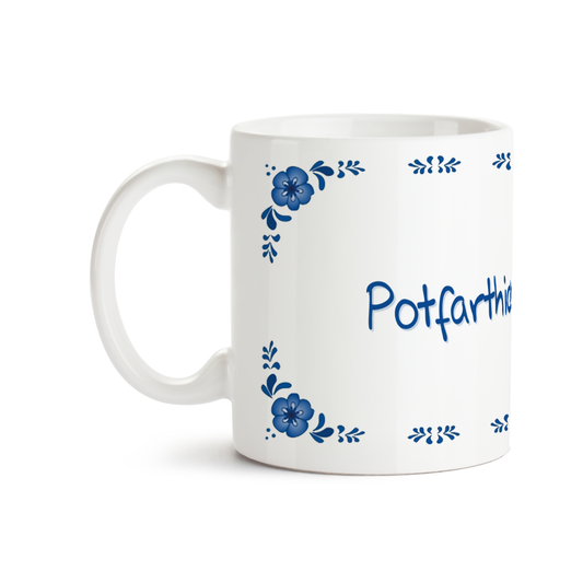 Zijaanzicht van Dutch Speakwords mok met Nederlands gezegde in Dunglish Steenkolenengels