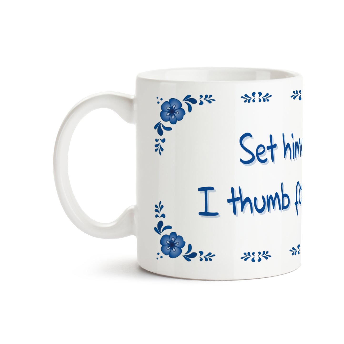 Zijaanzicht van Dutch Speakwords mok met Nederlands gezegde in Dunglish Steenkolenengels