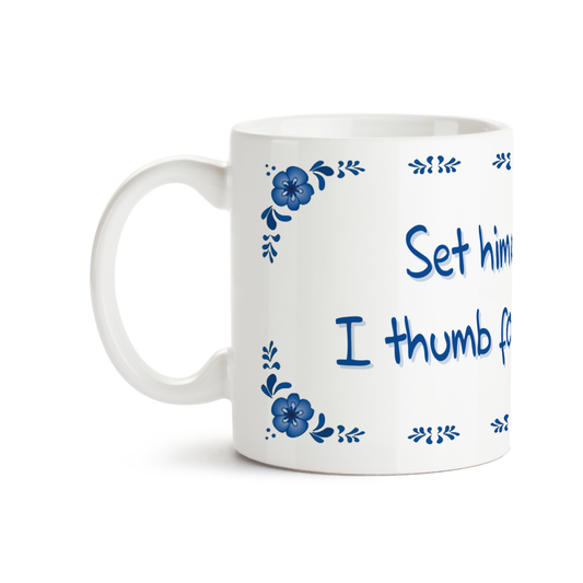 Zijaanzicht van Dutch Speakwords mok met Nederlands gezegde in Dunglish Steenkolenengels