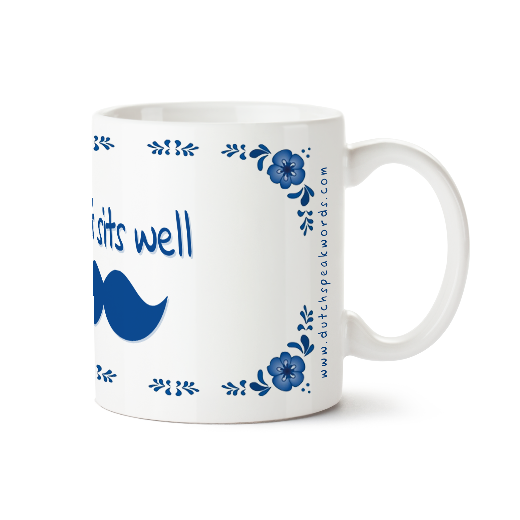 Zijaanzicht van Dutch Speakwords mok met Nederlands gezegde in Dunglish Steenkolenengels