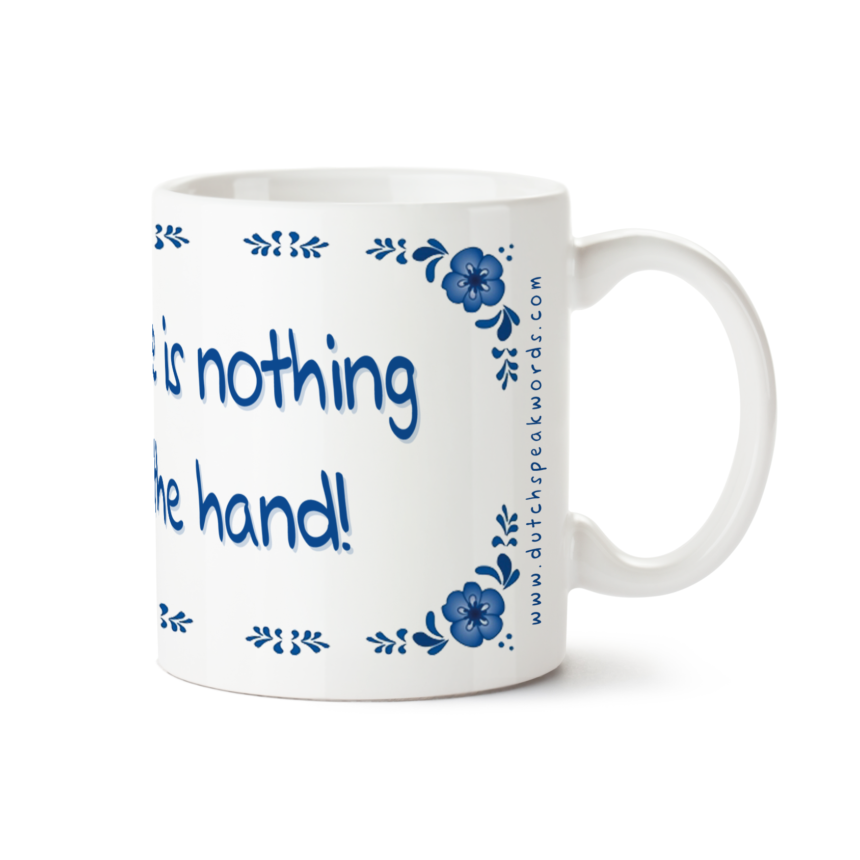 Zijaanzicht van Dutch Speakwords mok met Nederlands gezegde in Dunglish Steenkolenengels