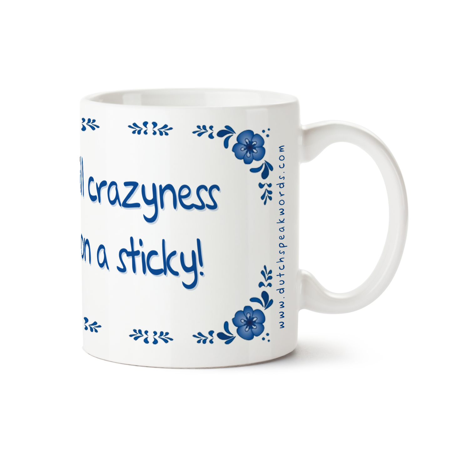 Zijaanzicht van Dutch Speakwords mok met Nederlands gezegde in Dunglish Steenkolenengels