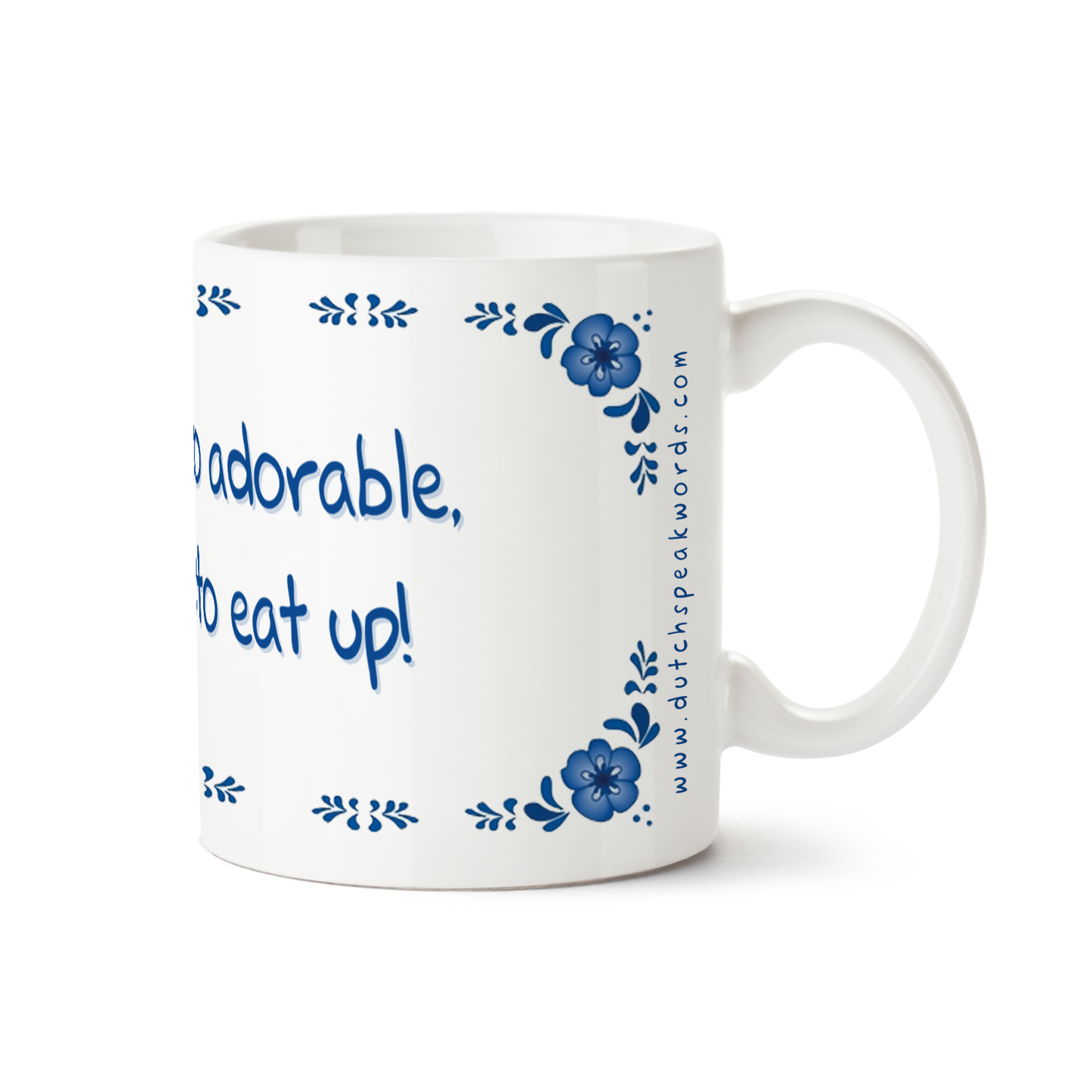 Zijaanzicht van Dutch Speakwords mok met Nederlands gezegde in Dunglish Steenkolenengels