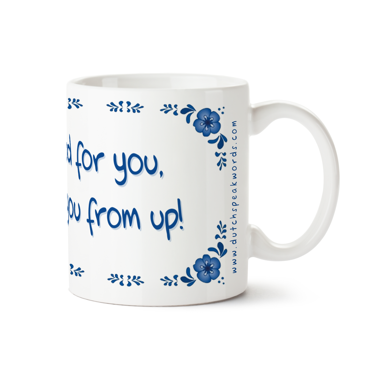 Zijaanzicht van Dutch Speakwords mok met Nederlands gezegde in Dunglish Steenkolenengels