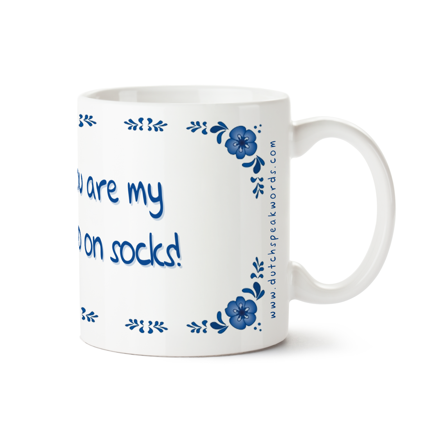 Zijaanzicht van Dutch Speakwords mok met Nederlands gezegde in Dunglish Steenkolenengels