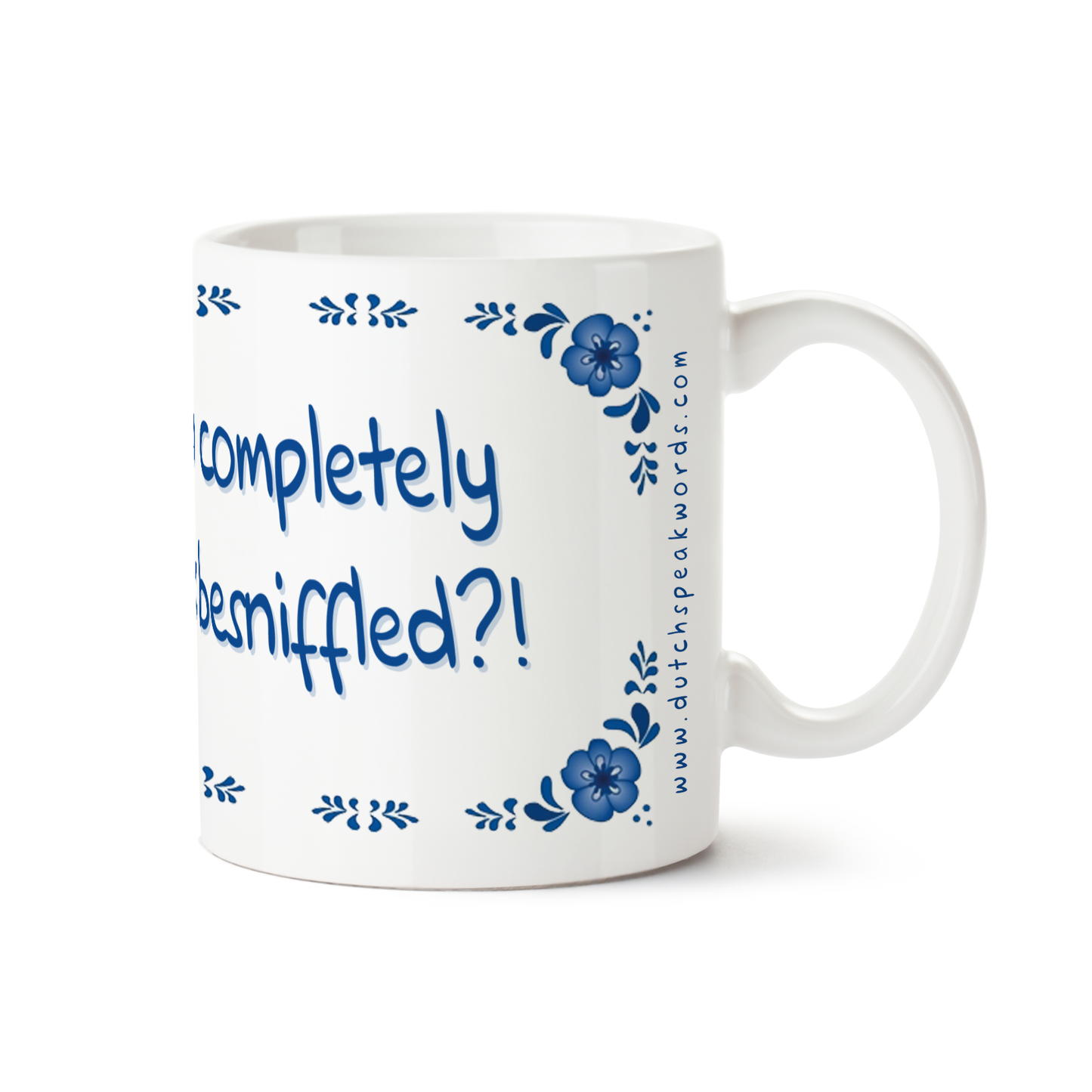 Zijaanzicht van Dutch Speakwords mok met Nederlands gezegde in Dunglish Steenkolenengels