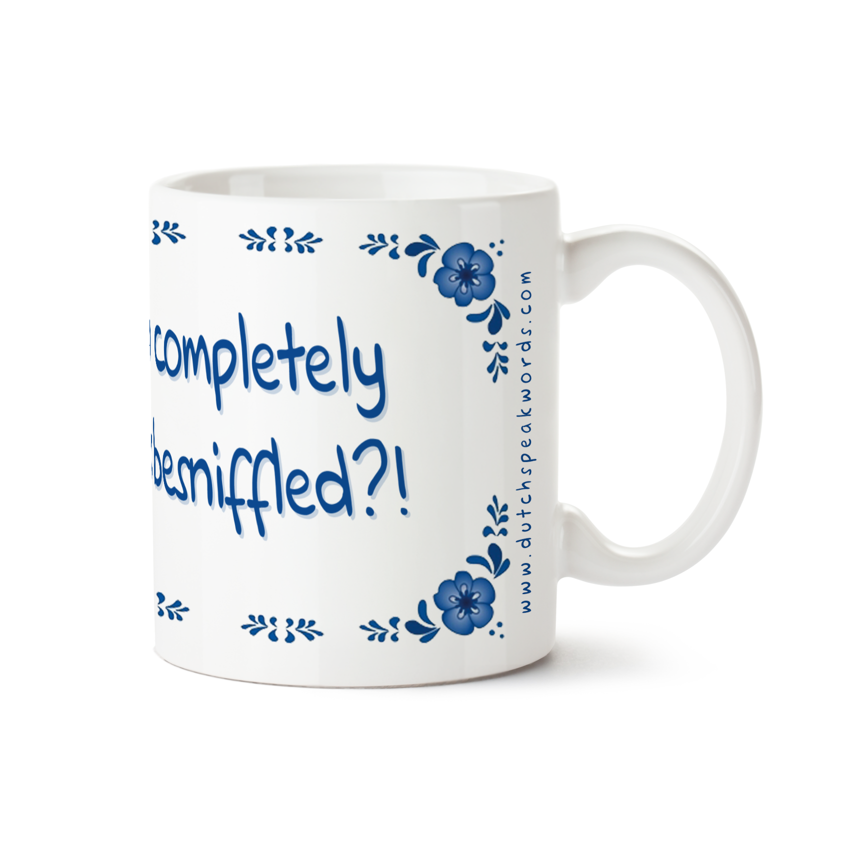 Zijaanzicht van Dutch Speakwords mok met Nederlands gezegde in Dunglish Steenkolenengels