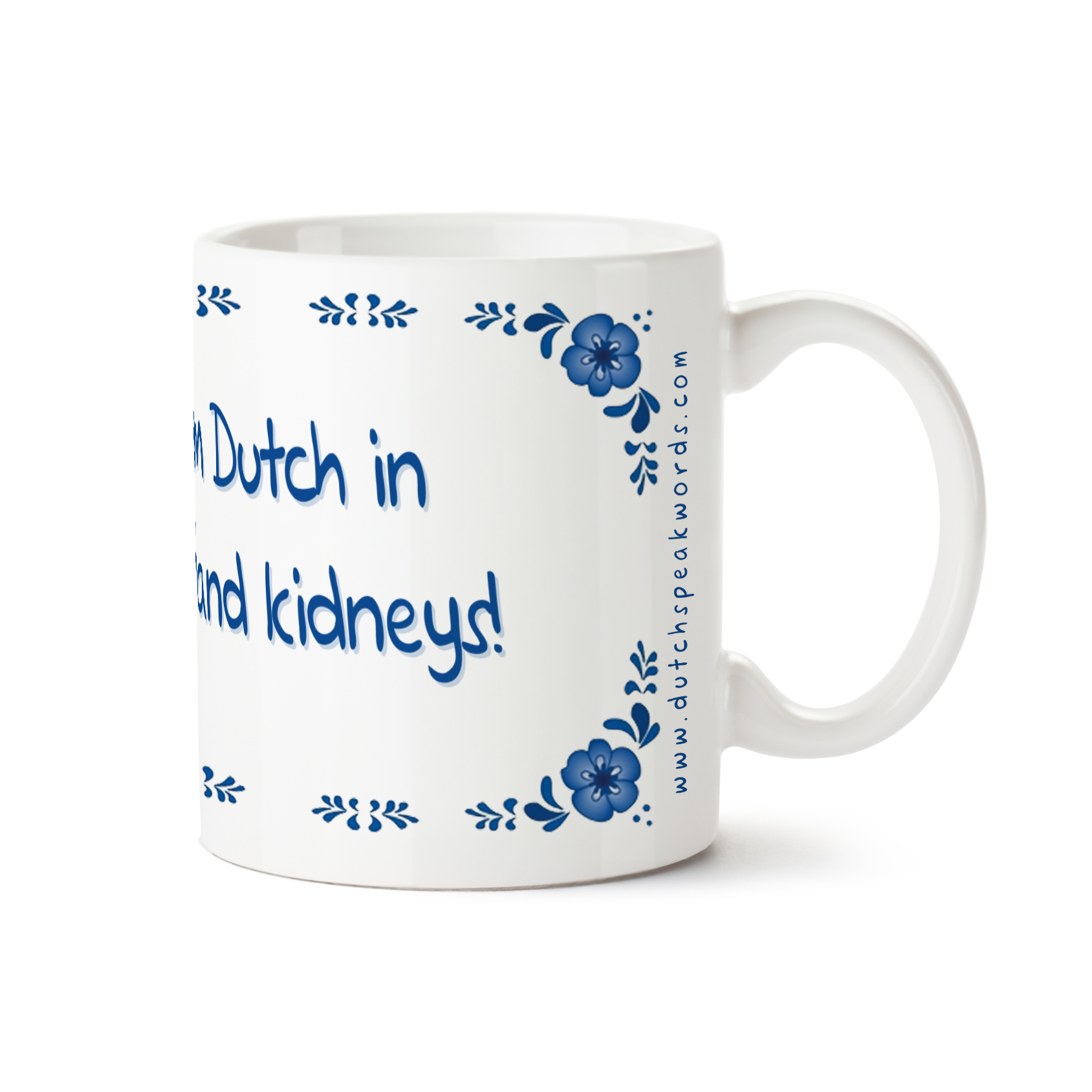 Zijaanzicht van Dutch Speakwords mok met Nederlands gezegde in Dunglish Steenkolenengels