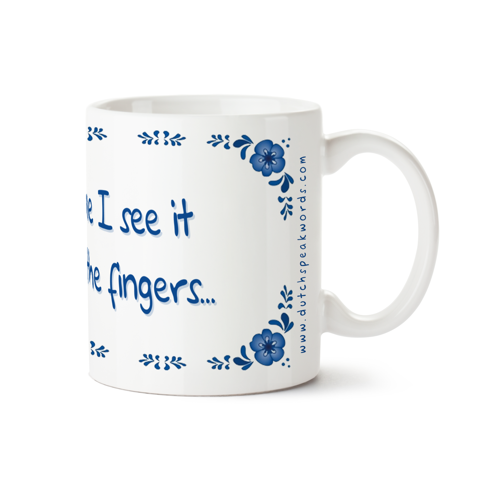 Zijaanzicht van Dutch Speakwords mok met Nederlands gezegde in Dunglish Steenkolenengels