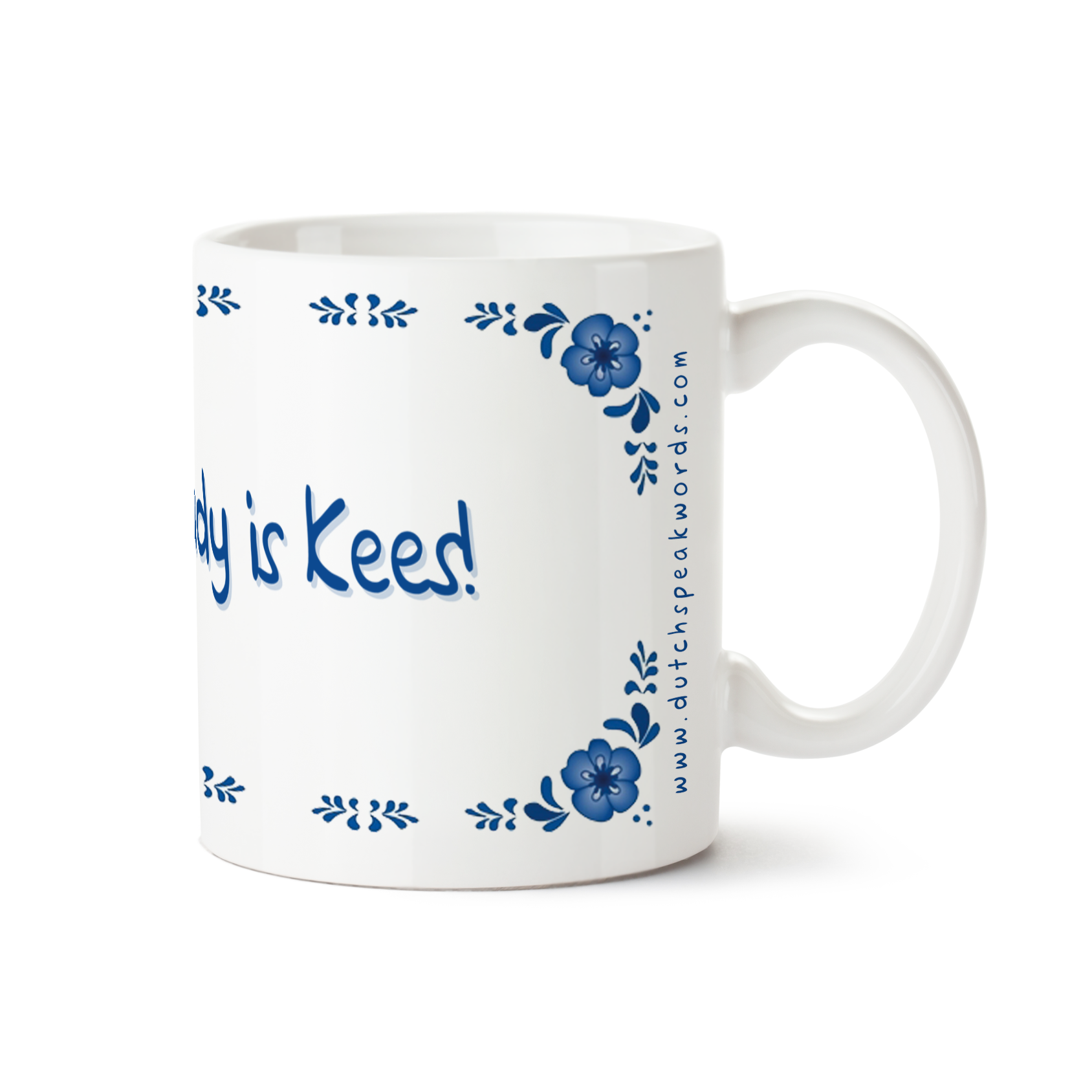 Zijaanzicht van Dutch Speakwords mok met Nederlands gezegde in Dunglish Steenkolenengels