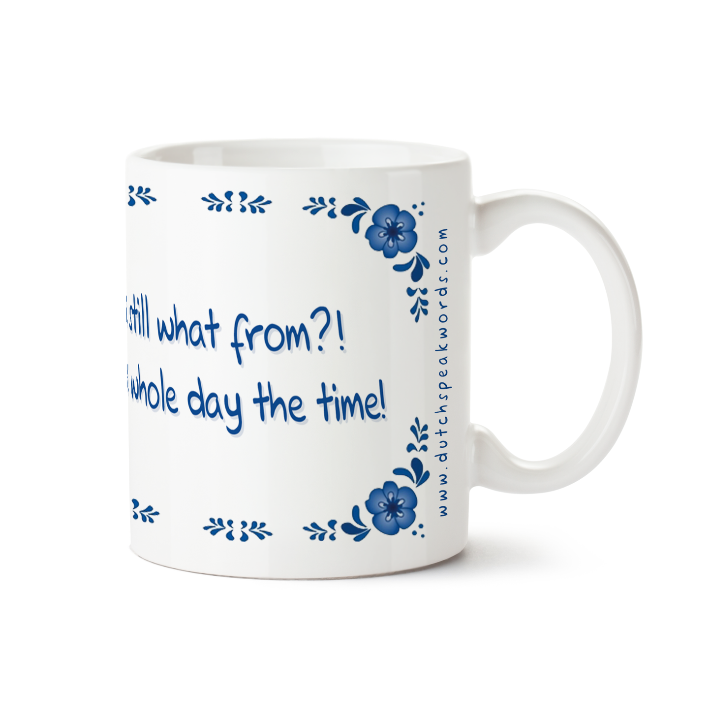 Zijaanzicht van Dutch Speakwords mok met Nederlands gezegde in Dunglish Steenkolenengels