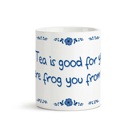 Vooraanzicht van Dutch Speakwords mok met Nederlands gezegde in Dunglish Steenkolenengels